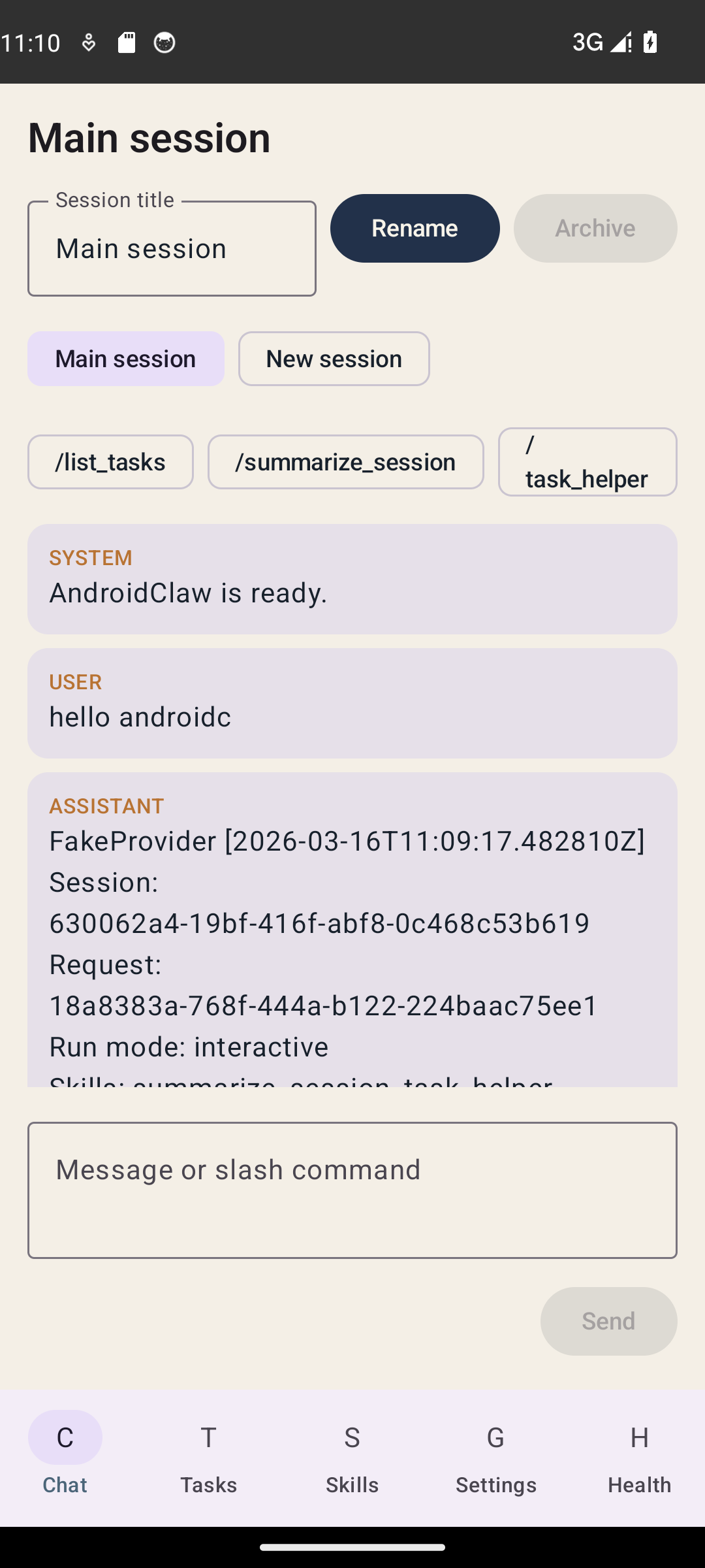 AndroidClaw chat screen with a real assistant response on emulator