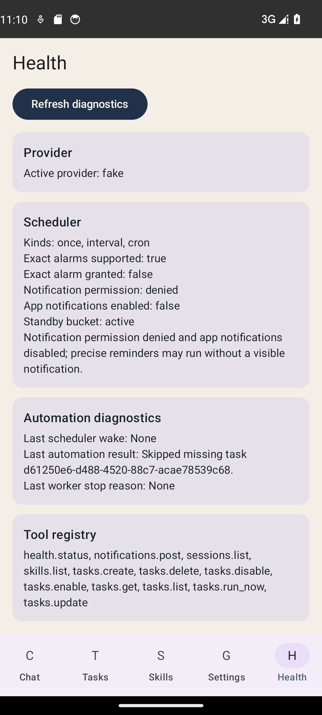 AndroidClaw health screen showing provider, scheduler, and tool diagnostics