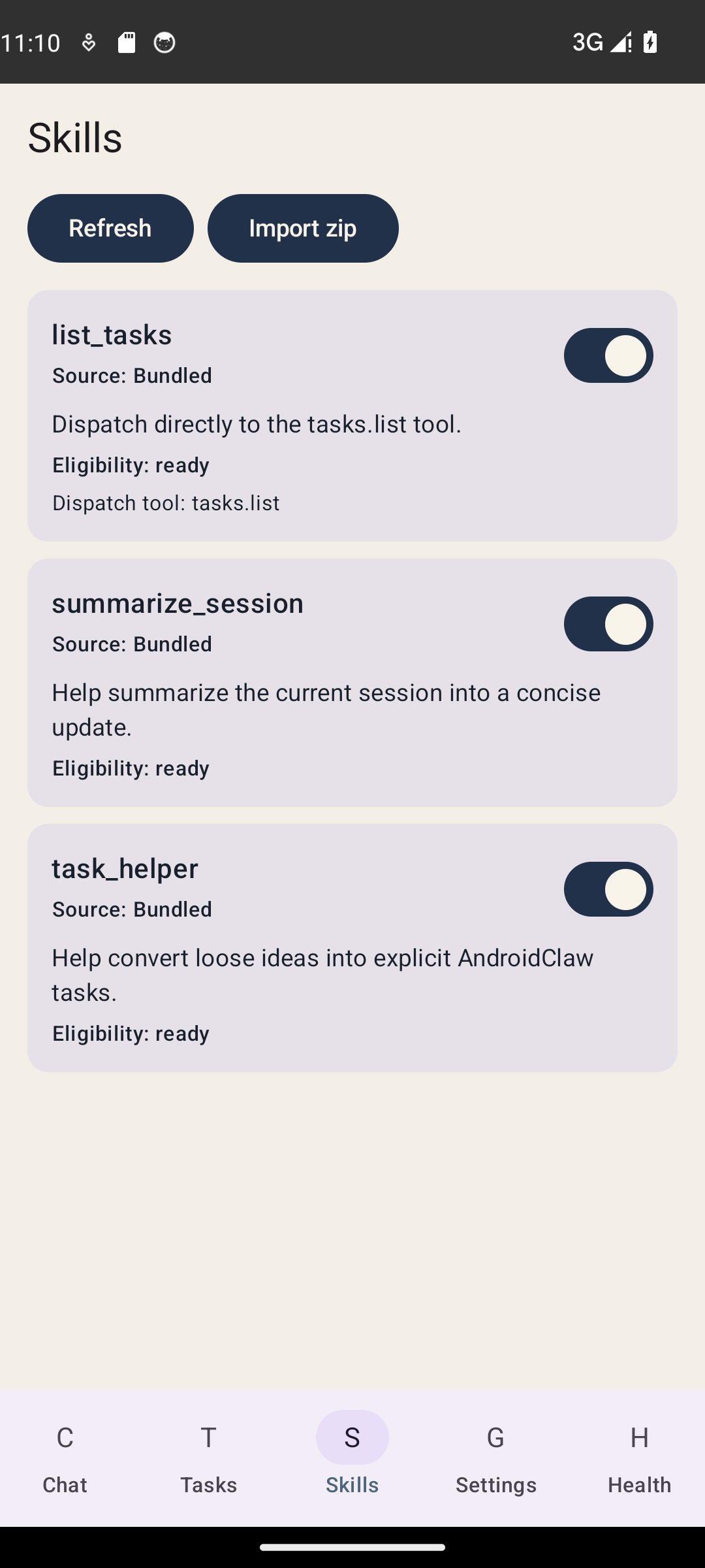 AndroidClaw skills screen showing bundled skill inventory and import controls