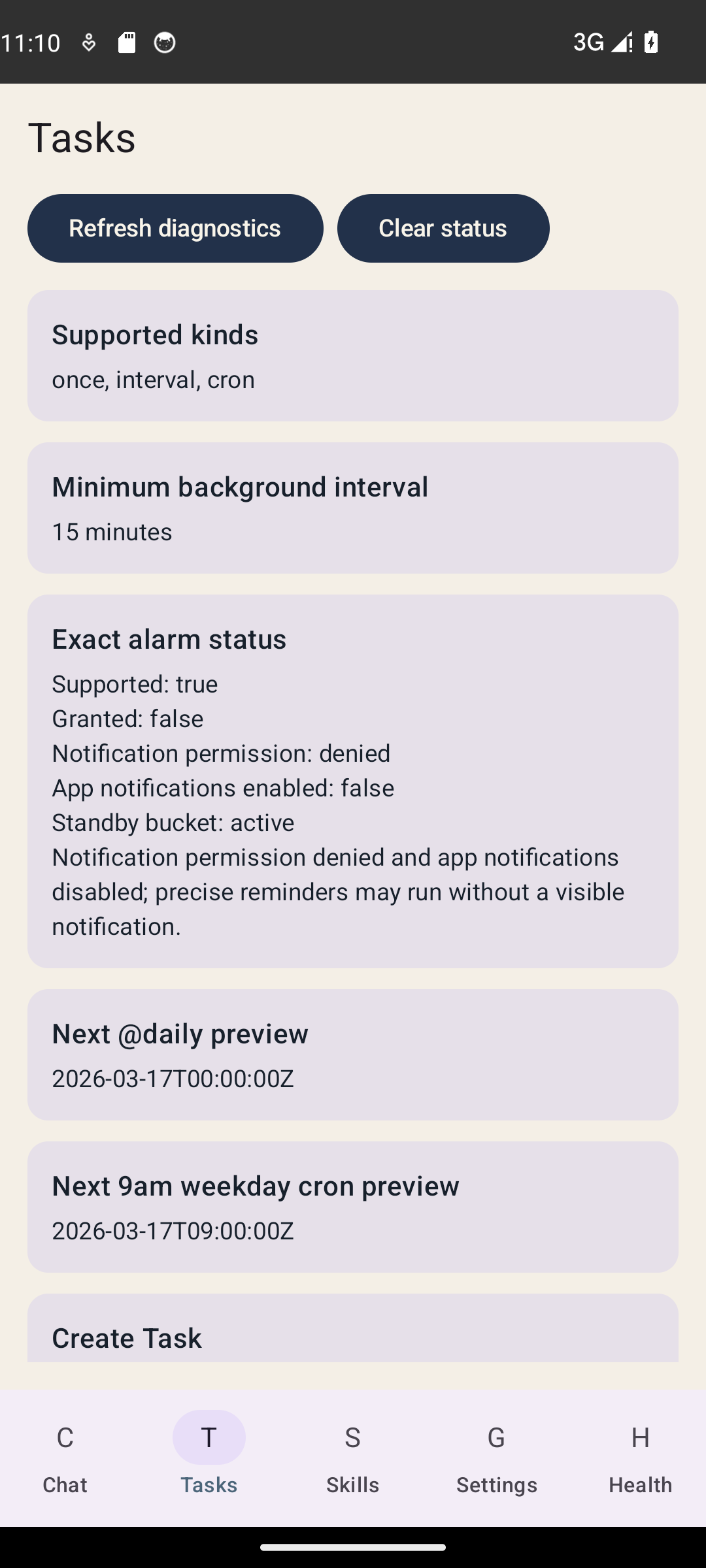 AndroidClaw tasks screen showing scheduler diagnostics and task creation